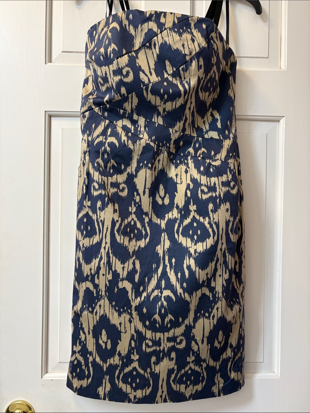 Michael Kors Navy and Cream Strapless Ikat-Print Dress